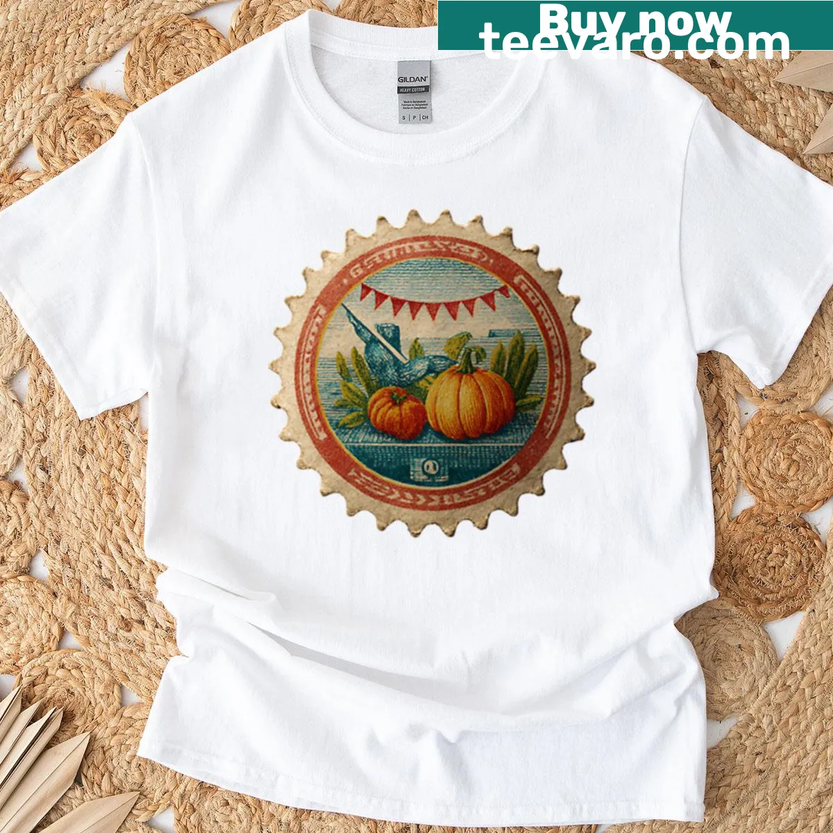 Vintage style autumn t-shirt with pumpkin and farmhouse design — on a men's t-shirt