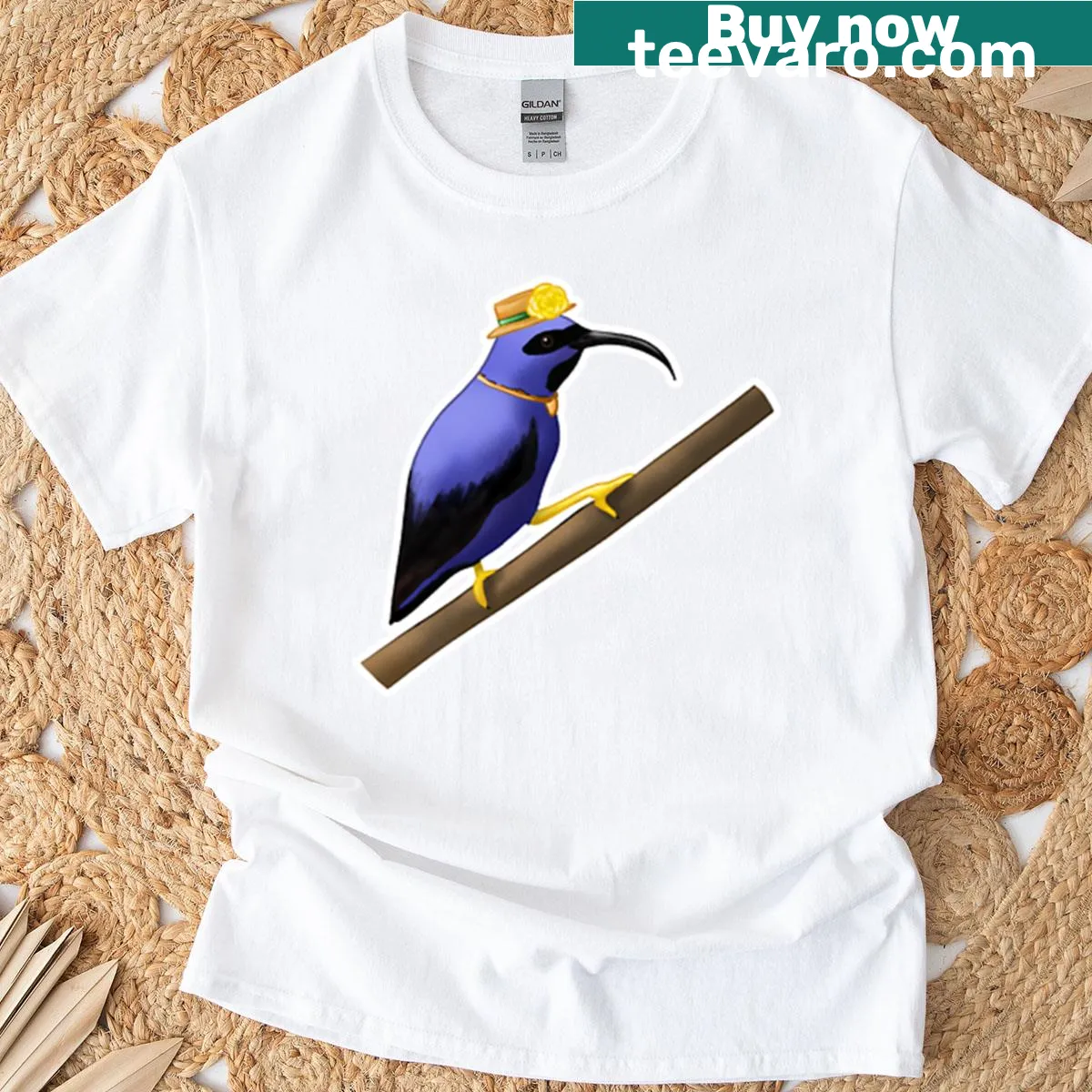Realistic graphic of a Purple Honeycreeper t-shirt — on a men's t-shirt