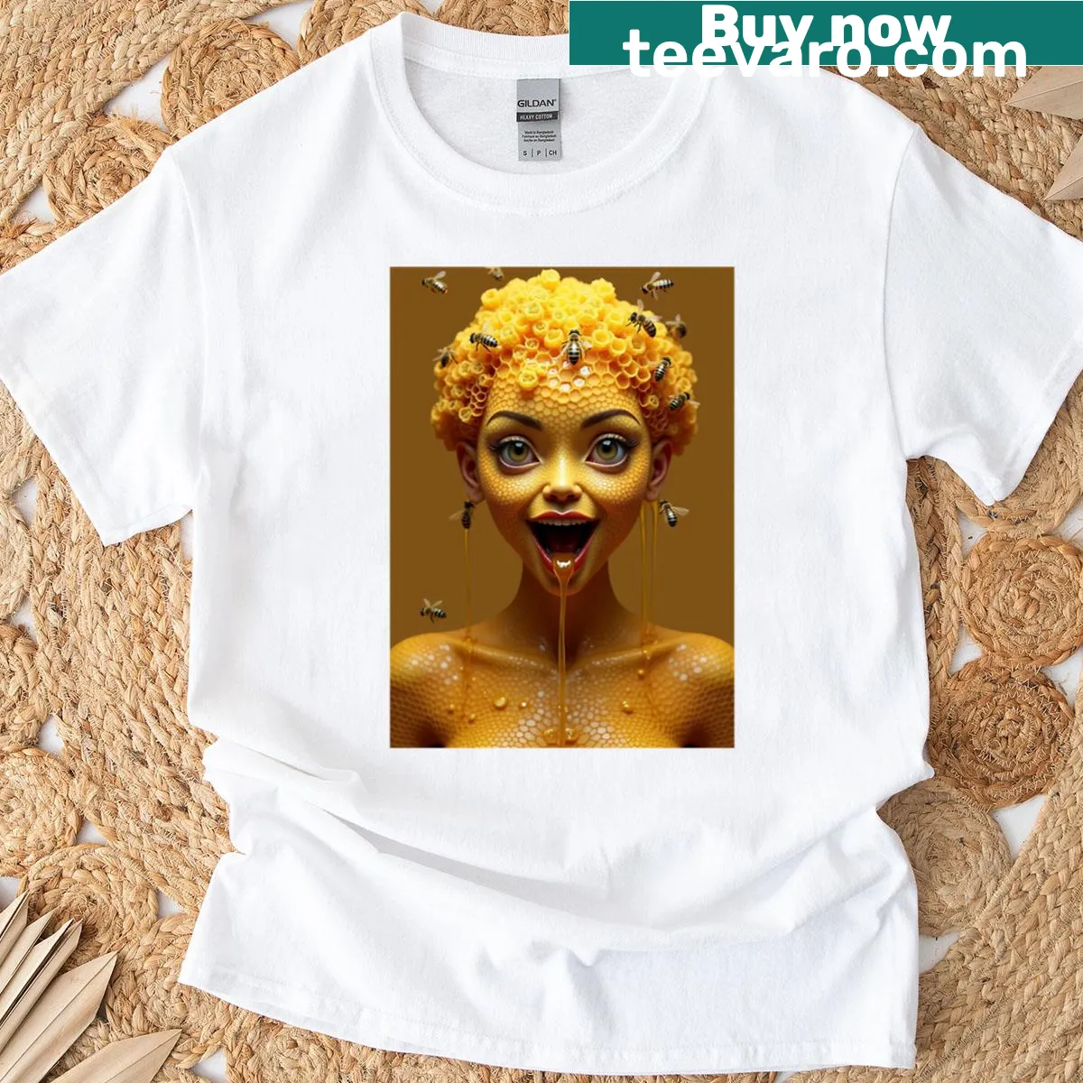 Surreal honey-inspired queen bee portrait t-shirt design — on a men's t-shirt