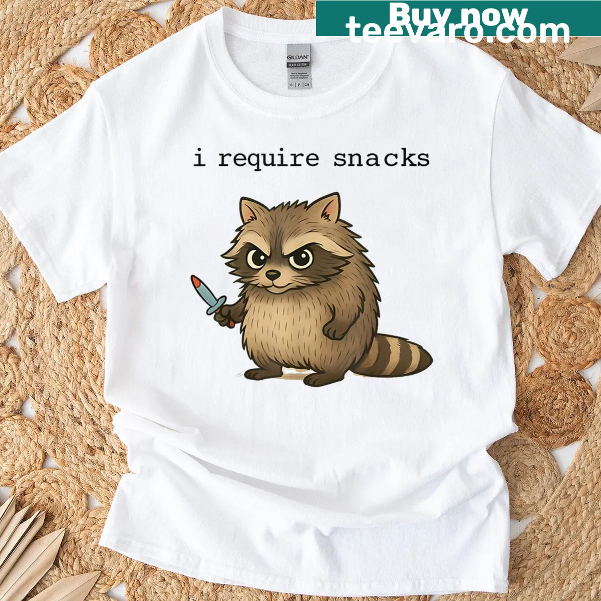 Cartoon raccoon graphic t-shirt with humorous text — on a men's t-shirt