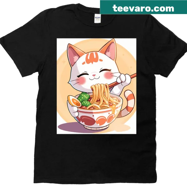 Cute T-shirt featuring a cat surrounded by a bowl of ramen