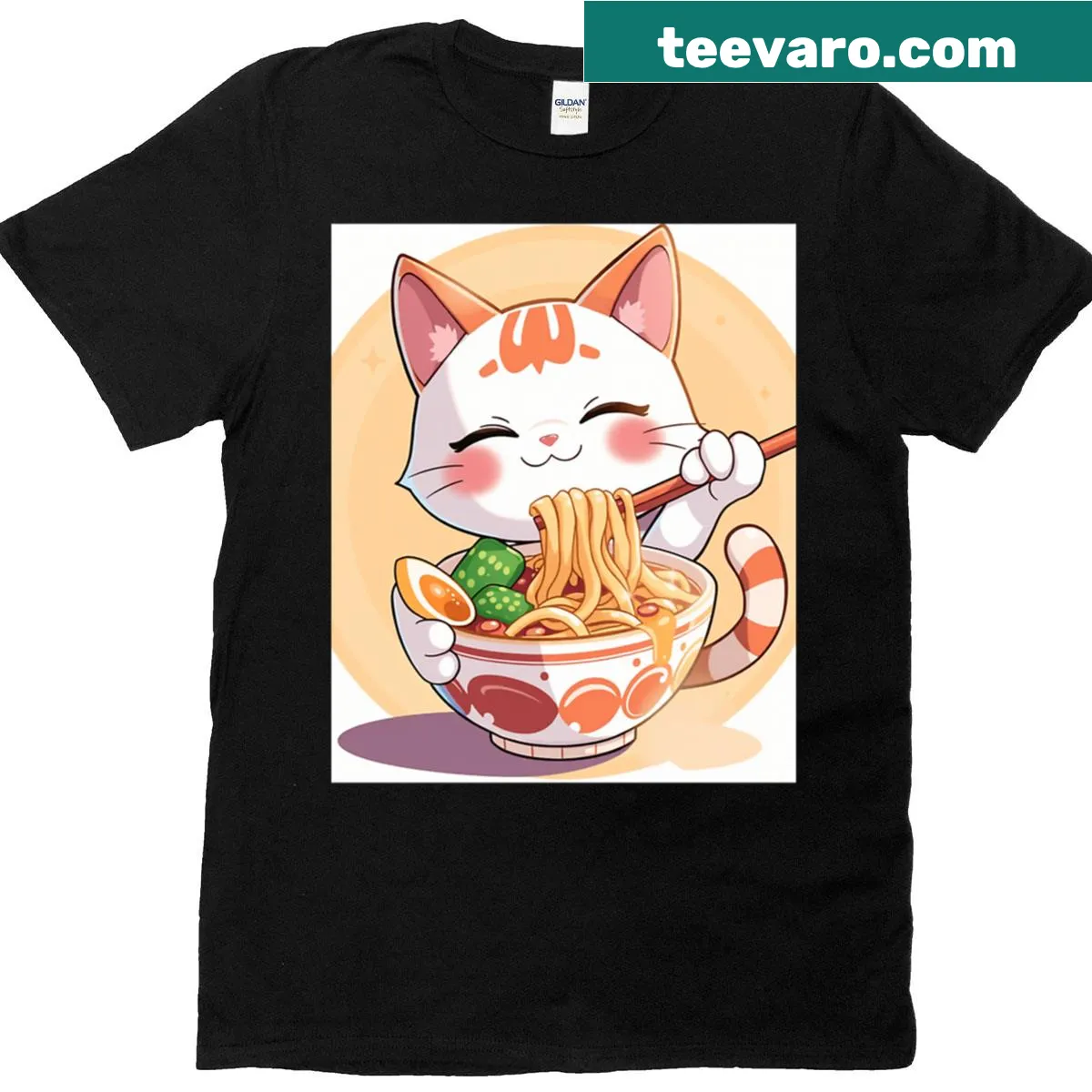 Cute T-shirt featuring a cat surrounded by a bowl of ramen — on a men's t-shirt