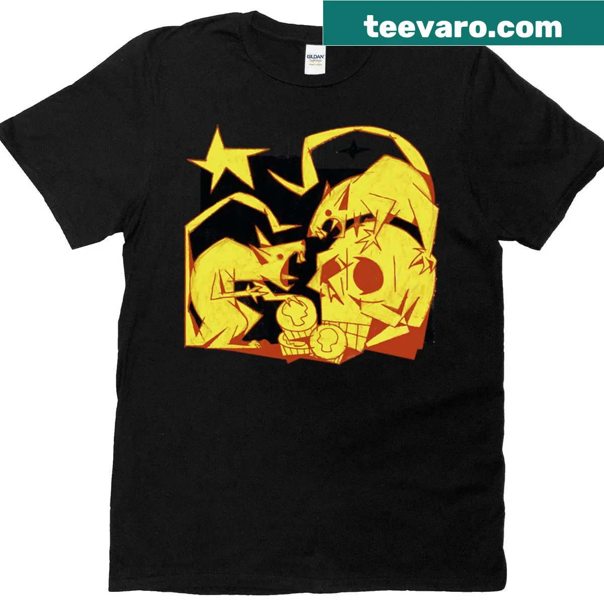Skull t-shirt featuring rats and coins design — on a men's t-shirt