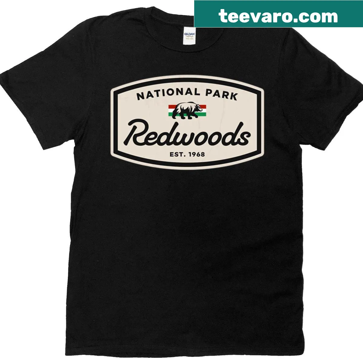 Illustrative T-shirt featuring Redwoods National Park design — on a men's t-shirt