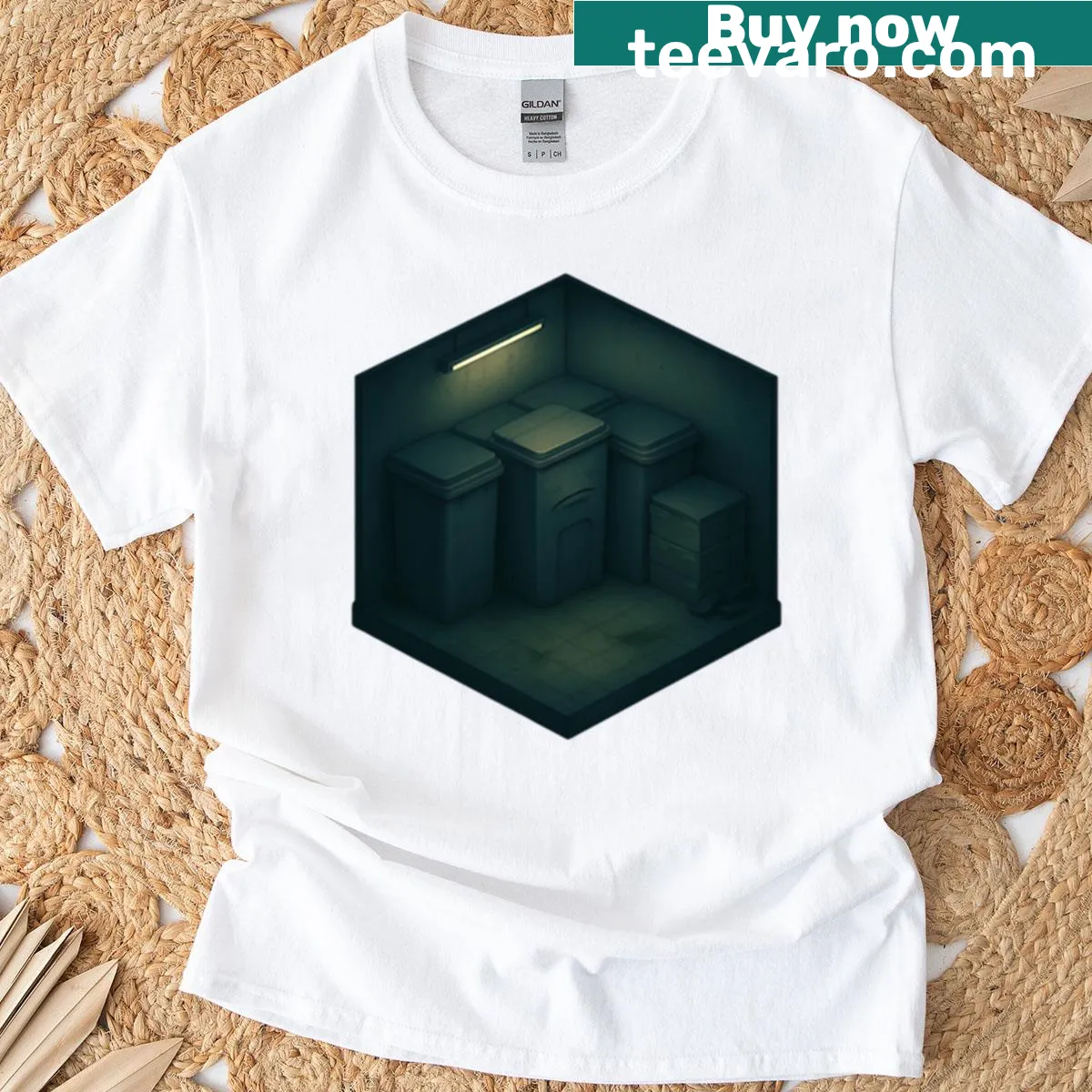 Horror-themed t-shirt with refuse area waste bin graphic. — on a men's t-shirt