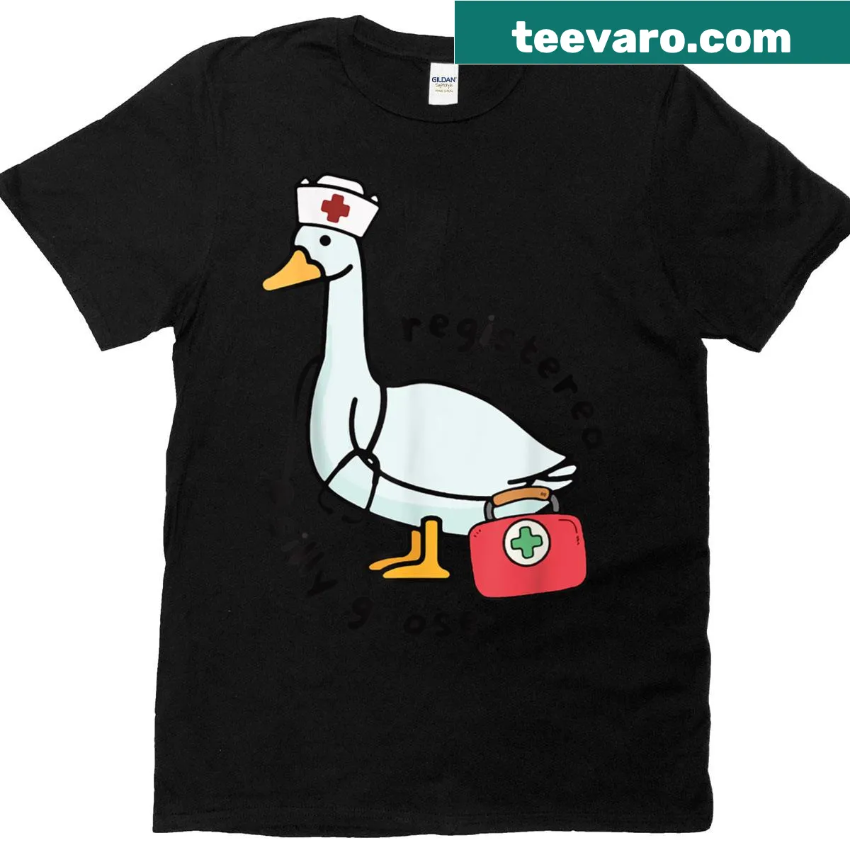 Funny nurse t-shirt with 'Registered Silly Goose' text and stethoscope graphic — on a men's t-shirt