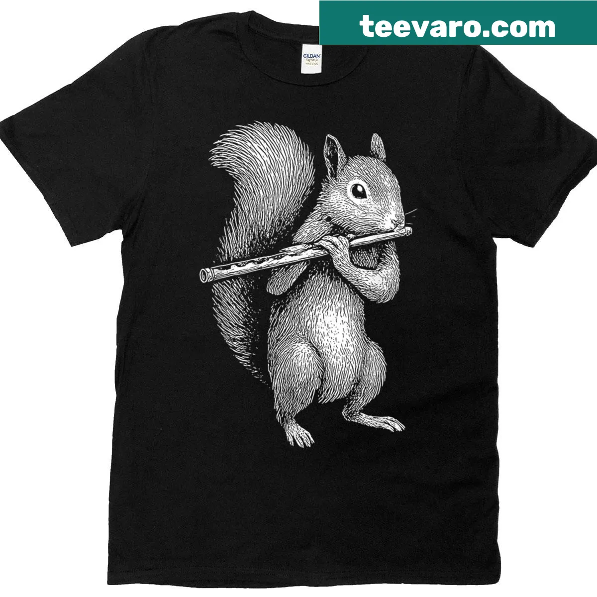 Vintage-style shirt with a cartoon squirrel playing an instrument — on a men's t-shirt