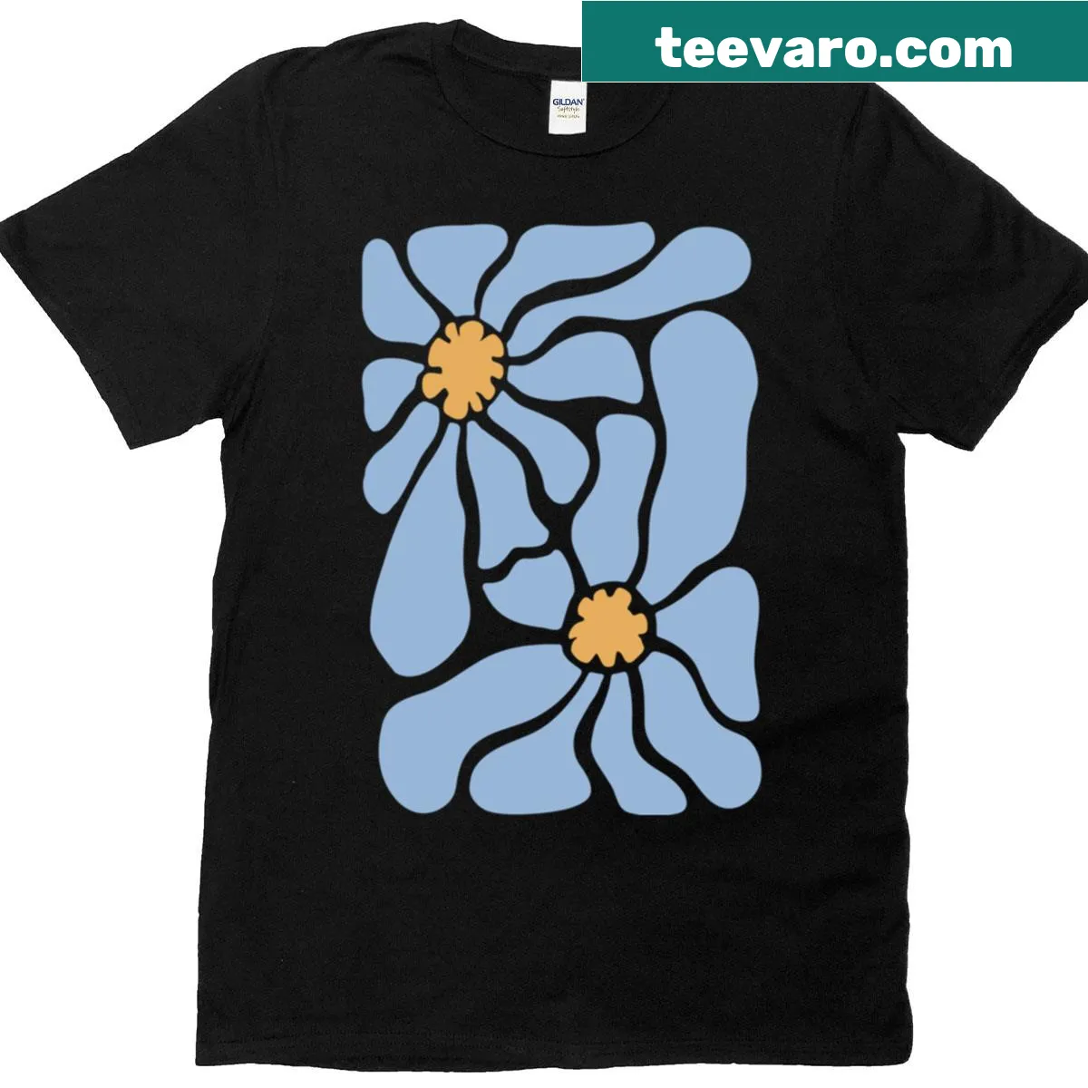 Minimalist T-shirt featuring retro blue daisies in an elegant design — on a men's t-shirt