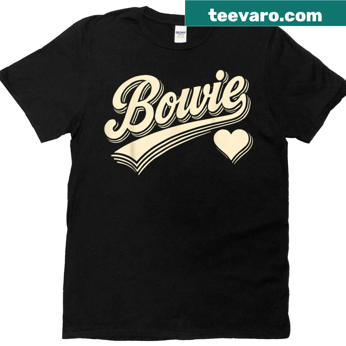 Bowie tribute t-shirt featuring swoosh heart typography — on a men's t-shirt