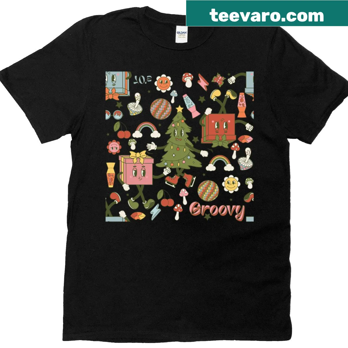 Retro Christmas T-shirt with 1970s disco tree design — on a men's t-shirt