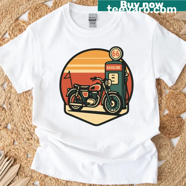 Vintage gas station badge design with Route 66 logo on t-shirt