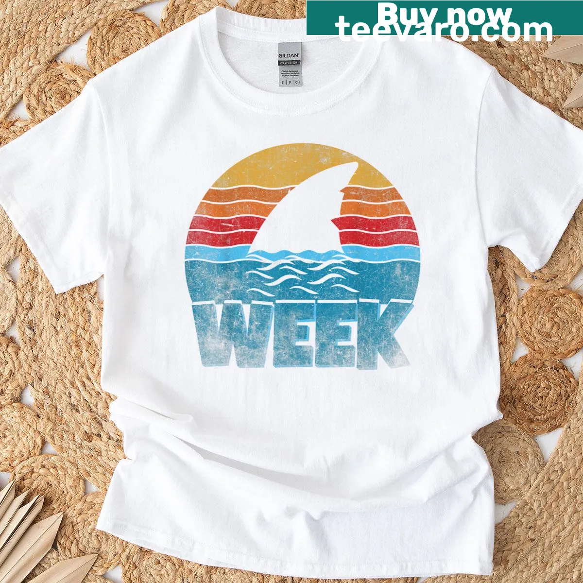 Retro shark fin graphic t-shirt celebrating Shark Week — on a men's t-shirt