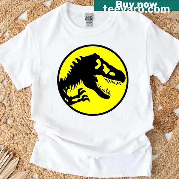 Yellow t-shirt featuring a dinosaur fossil logo illustration