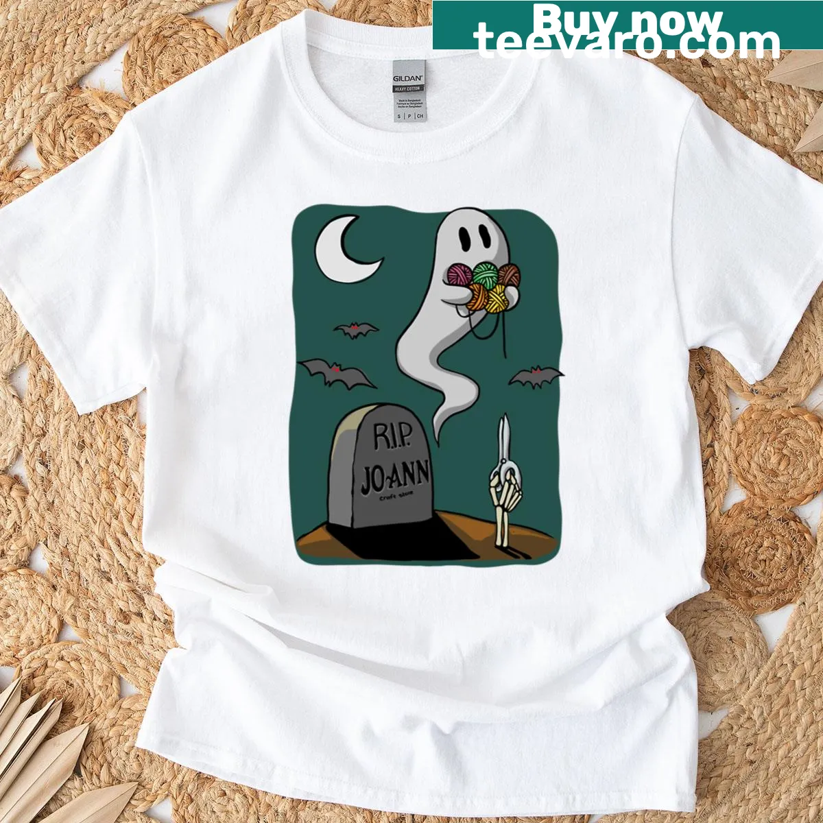 Cartoon ghost Halloween T-shirt with RIP Joann text — on a men's t-shirt