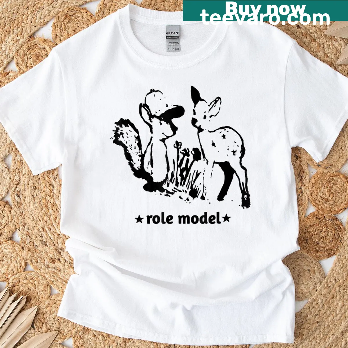 Funny retro deer T-shirt with Role Model text — on a men's t-shirt