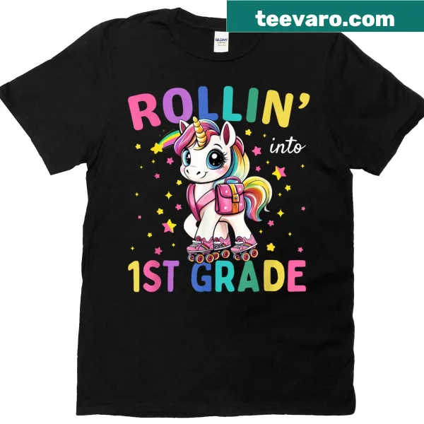 Cute unicorn on roller skates with rainbow accents for kids