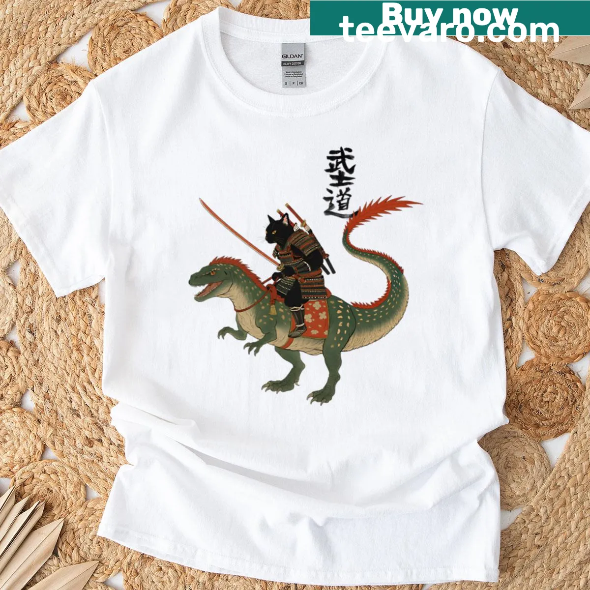 Playful samurai cat riding a dinosaur graphic T-shirt — on a men's t-shirt