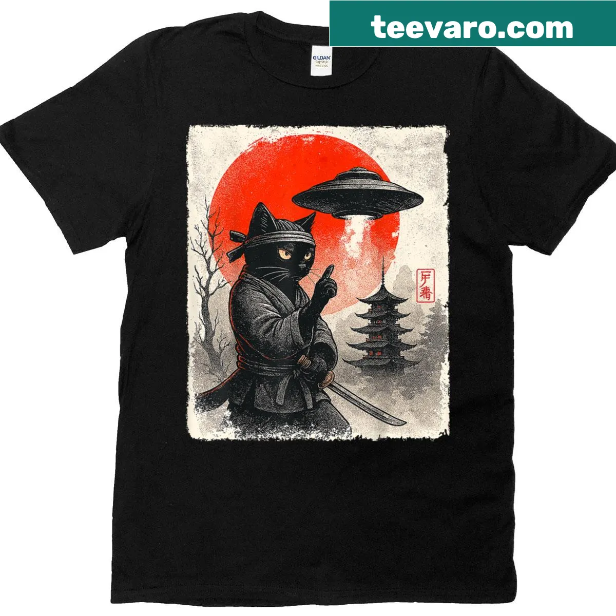 Cartoon samurai cat warrior with a UFO in a funny graphic — on a men's t-shirt