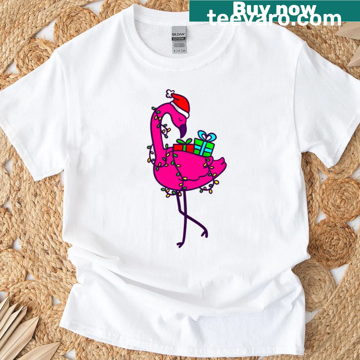 Santa flamingo with Christmas lights design T-shirt — on a men's t-shirt