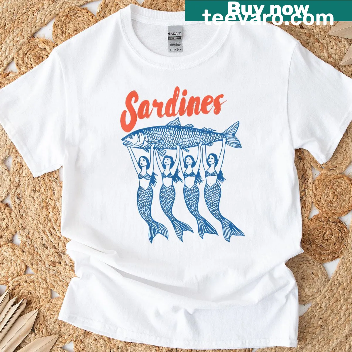 Cute t-shirt featuring a mermaid sardine graphic — on a men's t-shirt