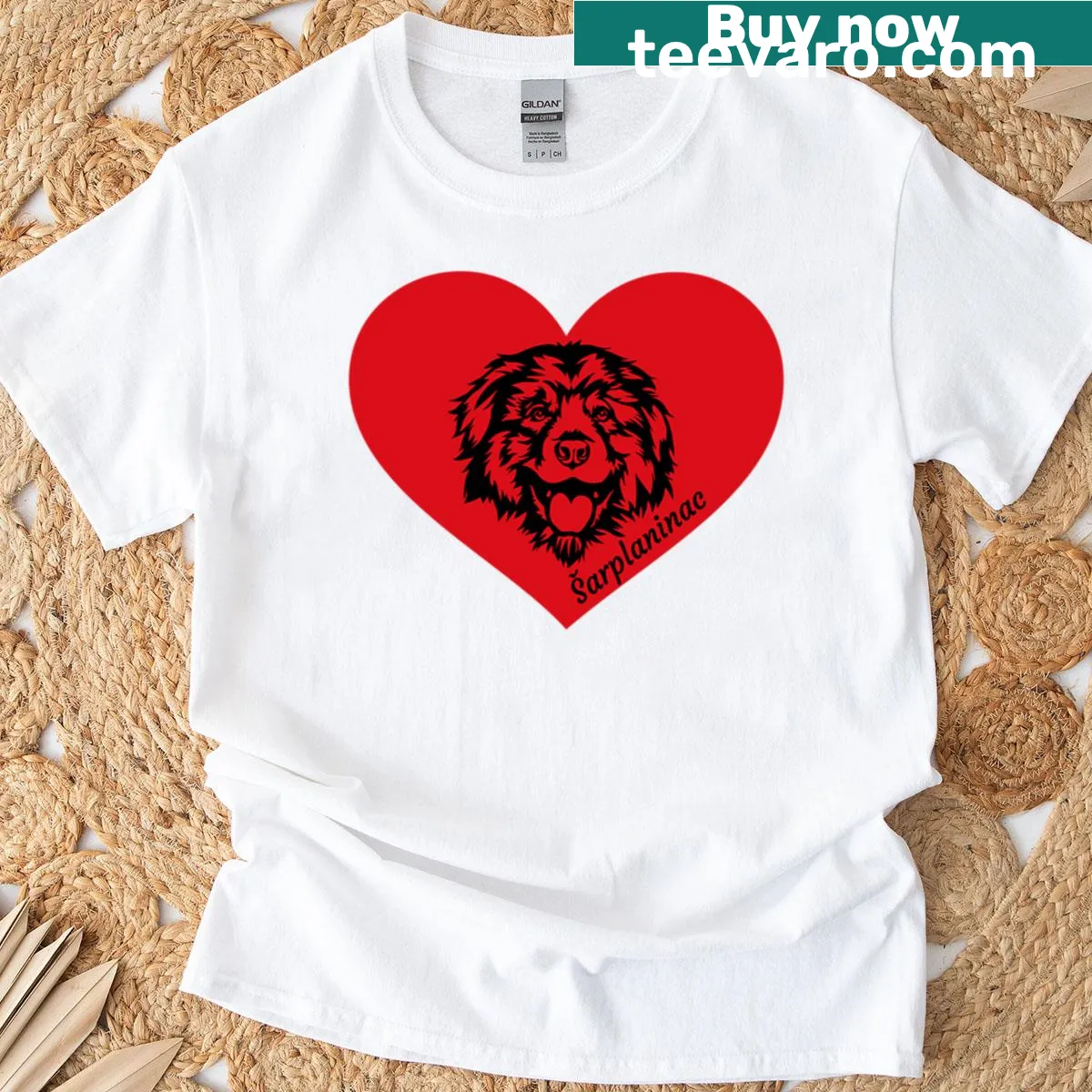 Line-art Sarplaninac dog head in heart graphic on t-shirt — on a men's t-shirt