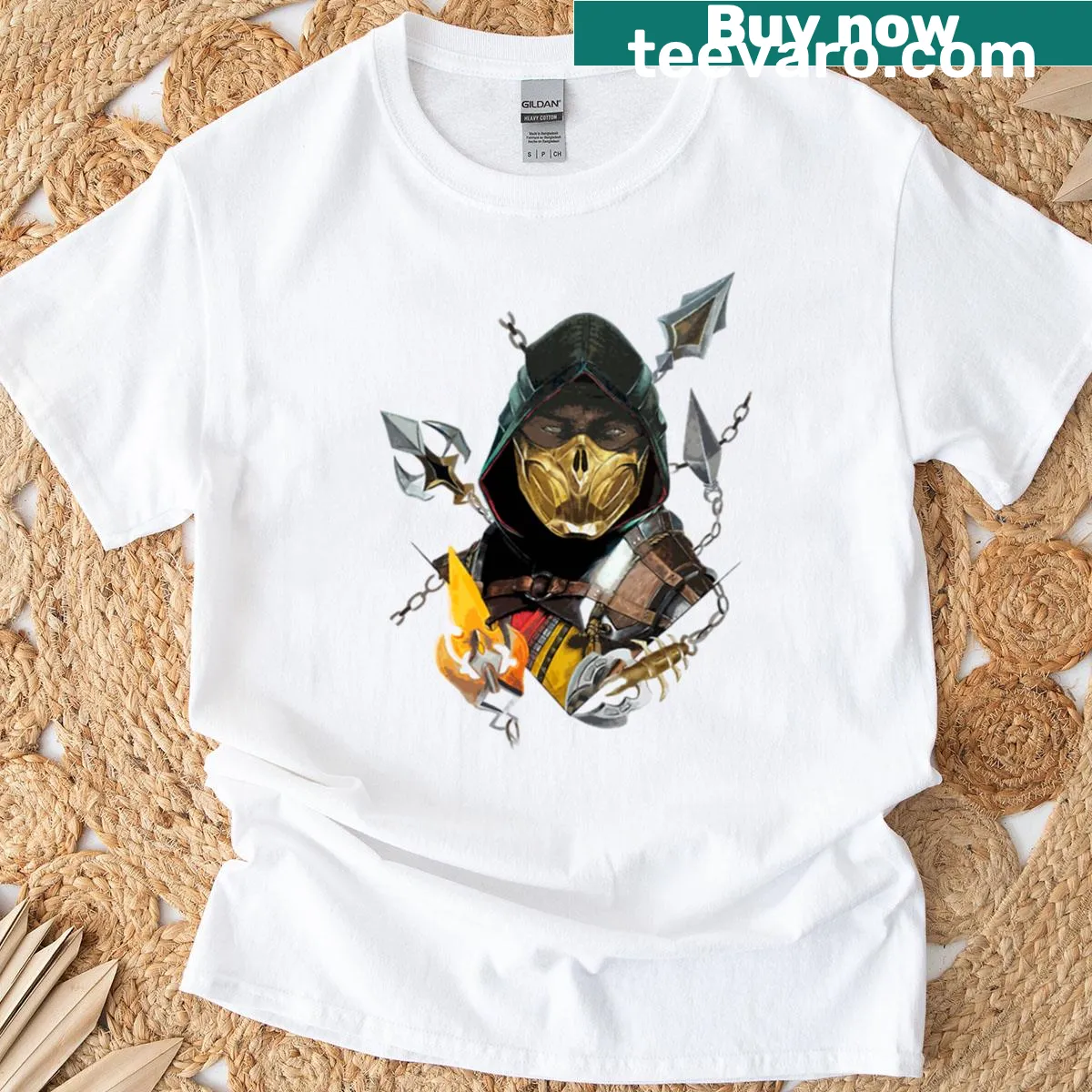 Mortal Kombat Scorpion fan art T-shirt with action pose — on a men's t-shirt