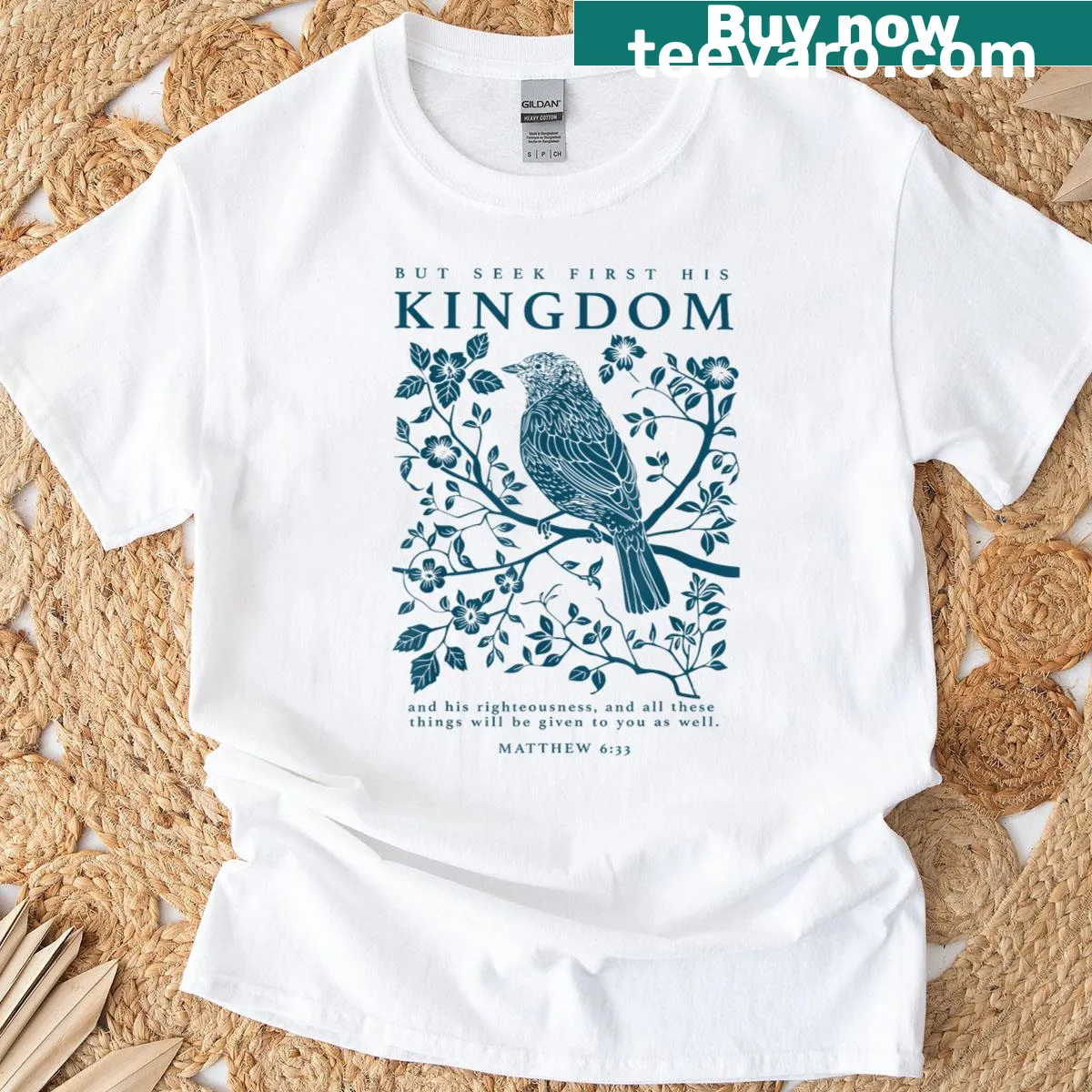 Inspirational T-shirt with Matthew 6:33 'Seek First His Kingdom' — on a men's t-shirt