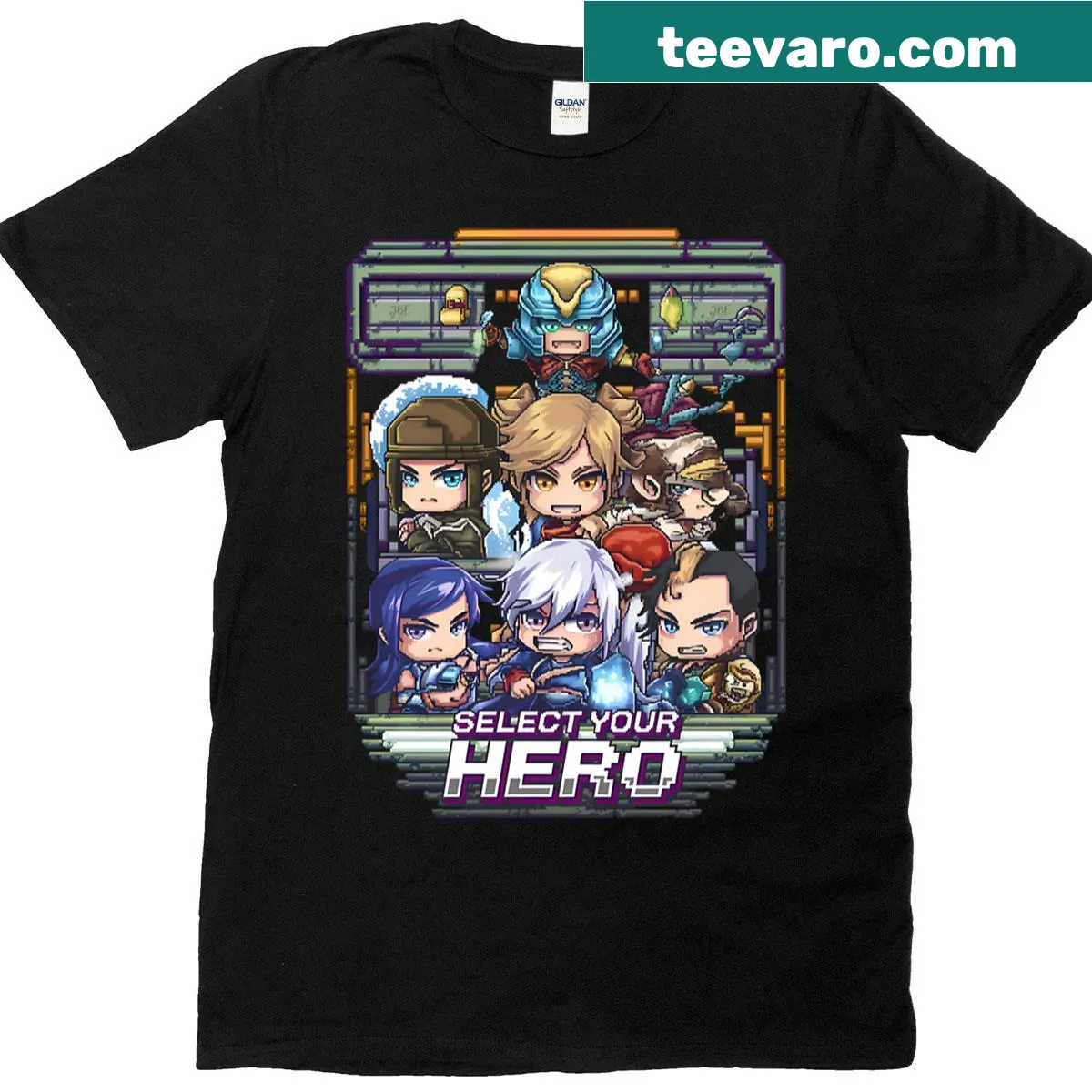 2D pixel art design on a gaming-themed T-shirt — on a men's t-shirt
