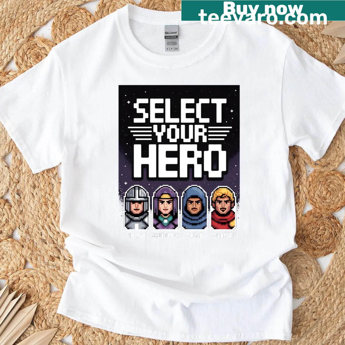 RPG Pixel Art Arcade T-shirt with 'Select Your Hero' graphic. — on a men's t-shirt
