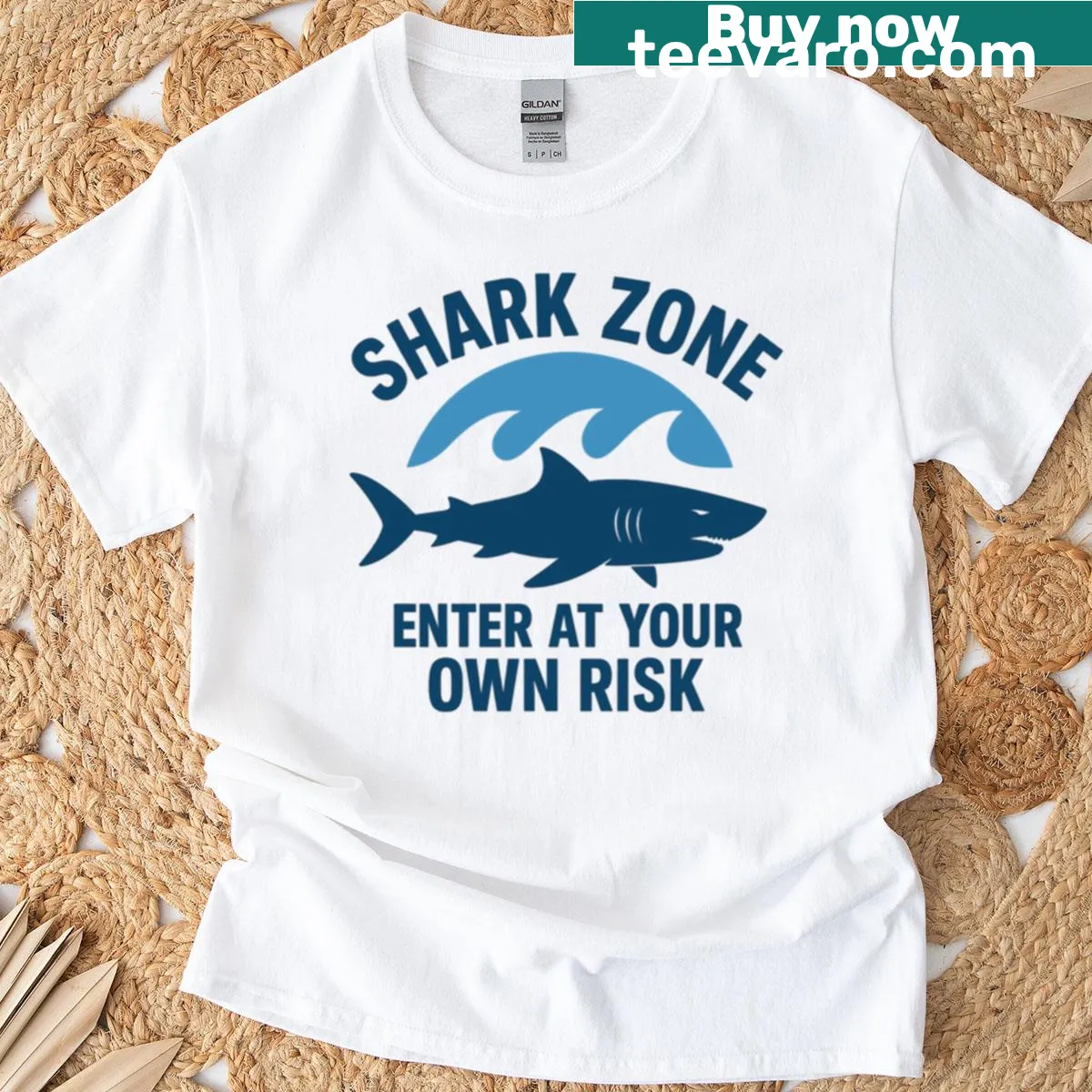 Bold shark silhouette on an adventure-themed T-shirt — on a men's t-shirt