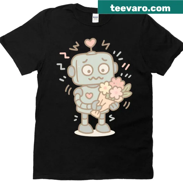 Cartoon robot holding flowers with heart antenna, blushing and nervous.