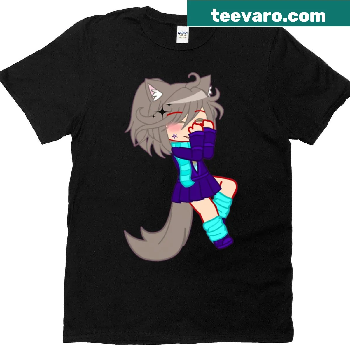 Illustration of a shy wolf girl in a gacha style on a t-shirt — on a men's t-shirt