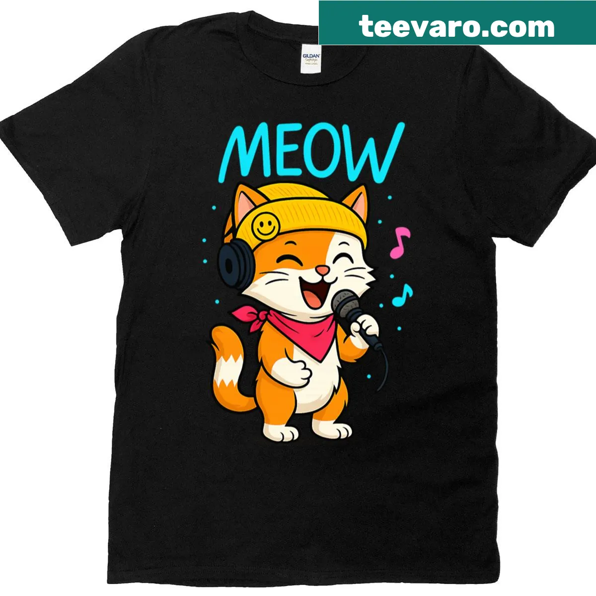 Kawaii kitten vocalist t-shirt with microphone design — on a men's t-shirt