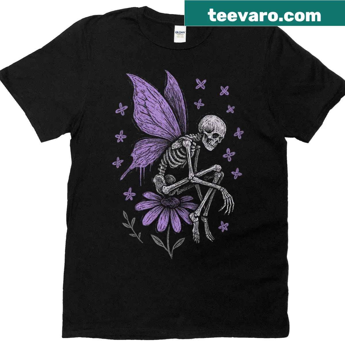 Dark fairy with skull and flower design on a t-shirt — on a men's t-shirt
