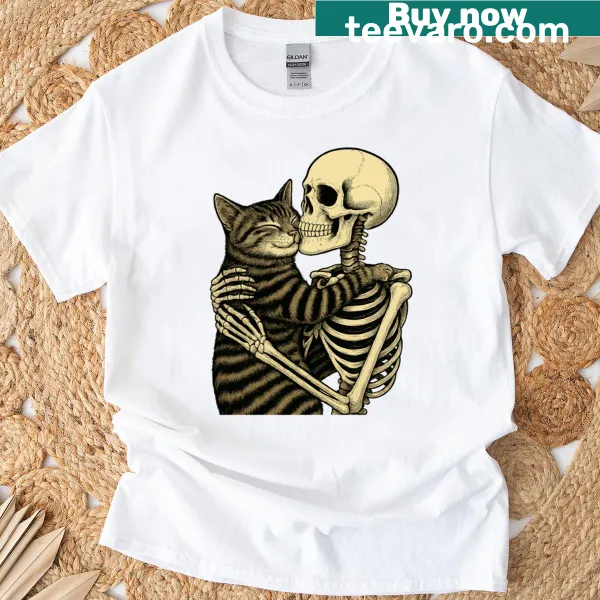 Cute skeleton hugging a cat graphic for Halloween on a T-shirt