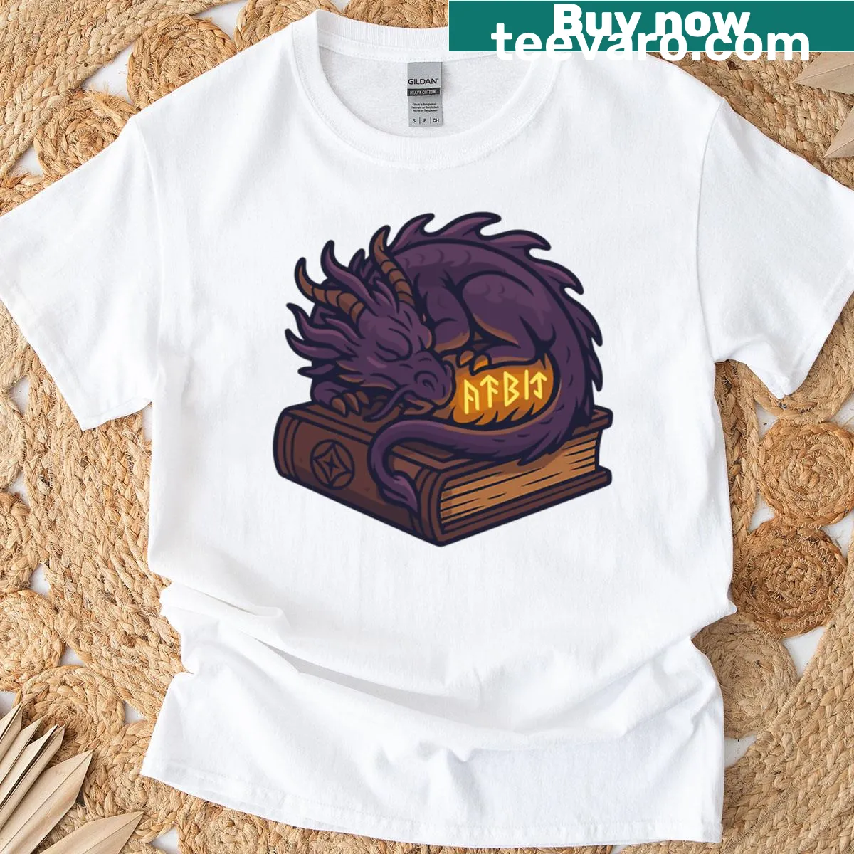 Enchanting illustration of a sleeping dragon on a spellbook — on a men's t-shirt