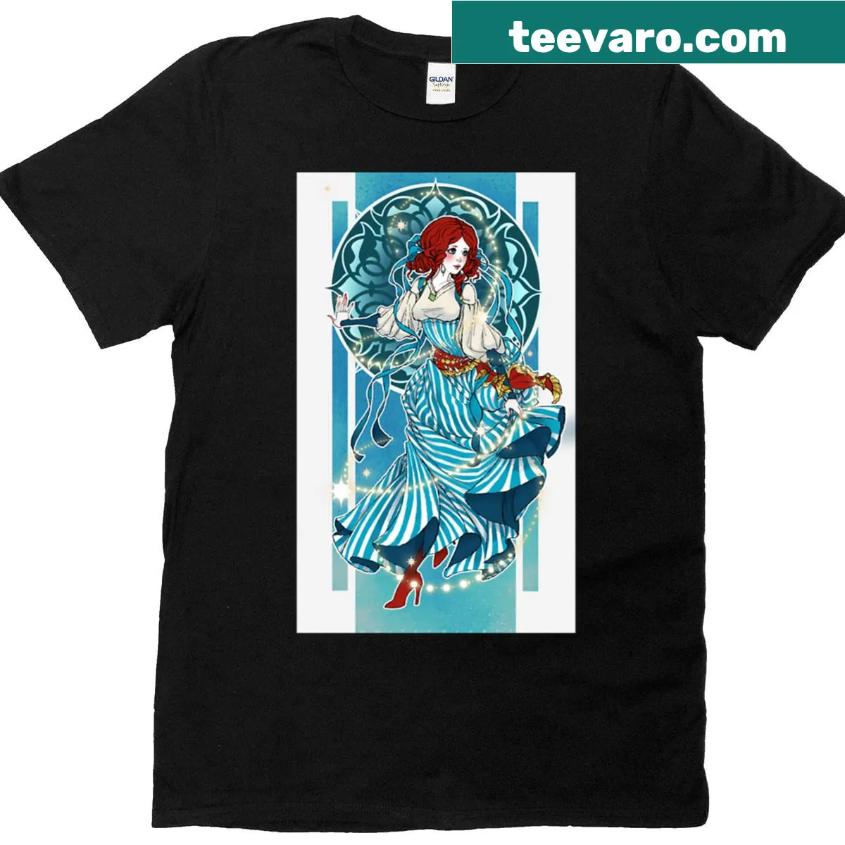 Illustration of the Sorceress of the Lodge, Merigold with magical elements. — on a men's t-shirt