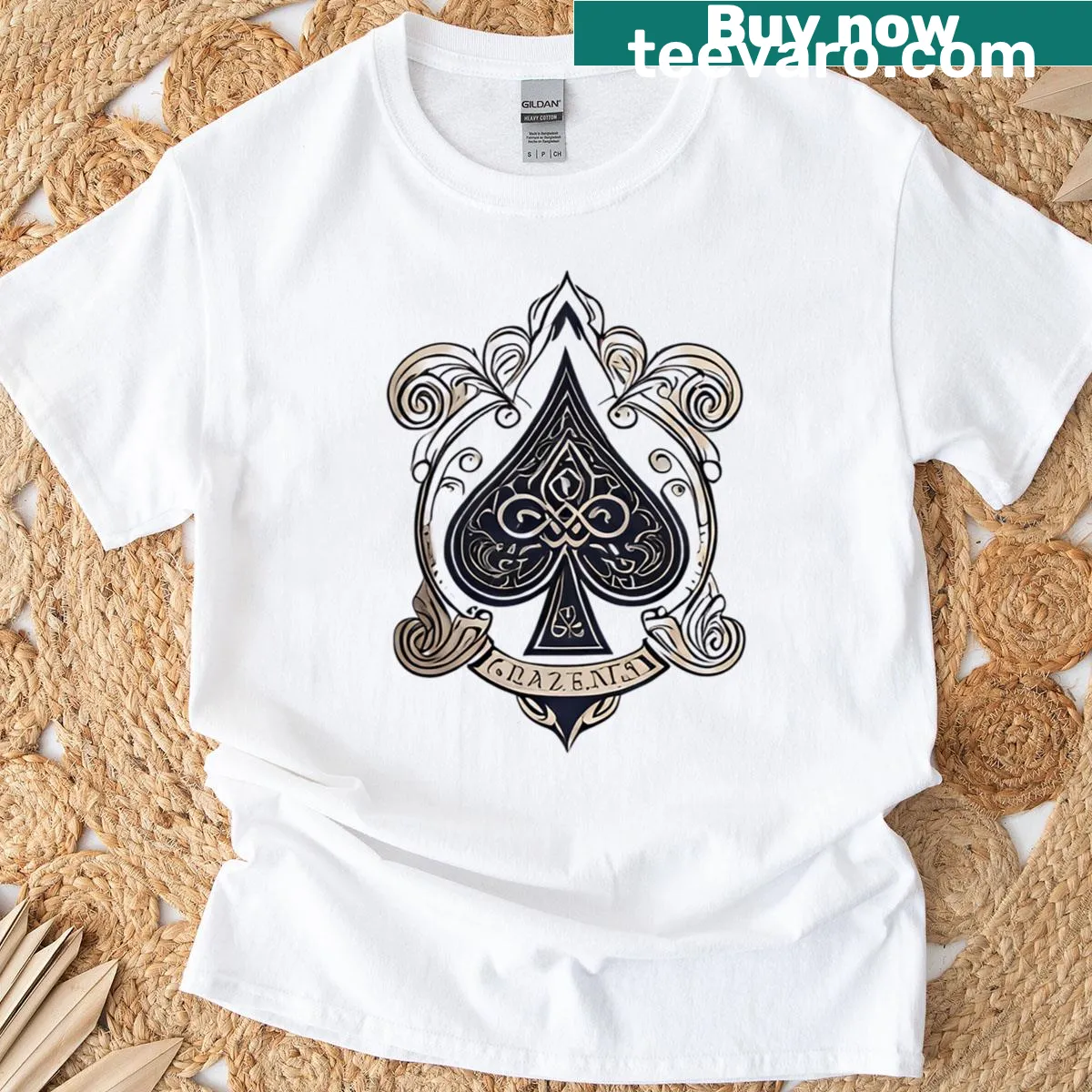 Intricate spade design with floral arabesques on a T-shirt — on a men's t-shirt
