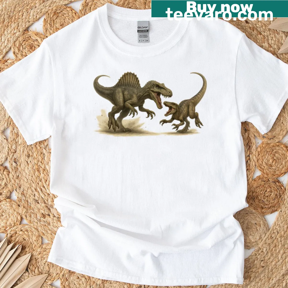Dynamic illustration of Spinosaurus and Velociraptor clash — on a men's t-shirt