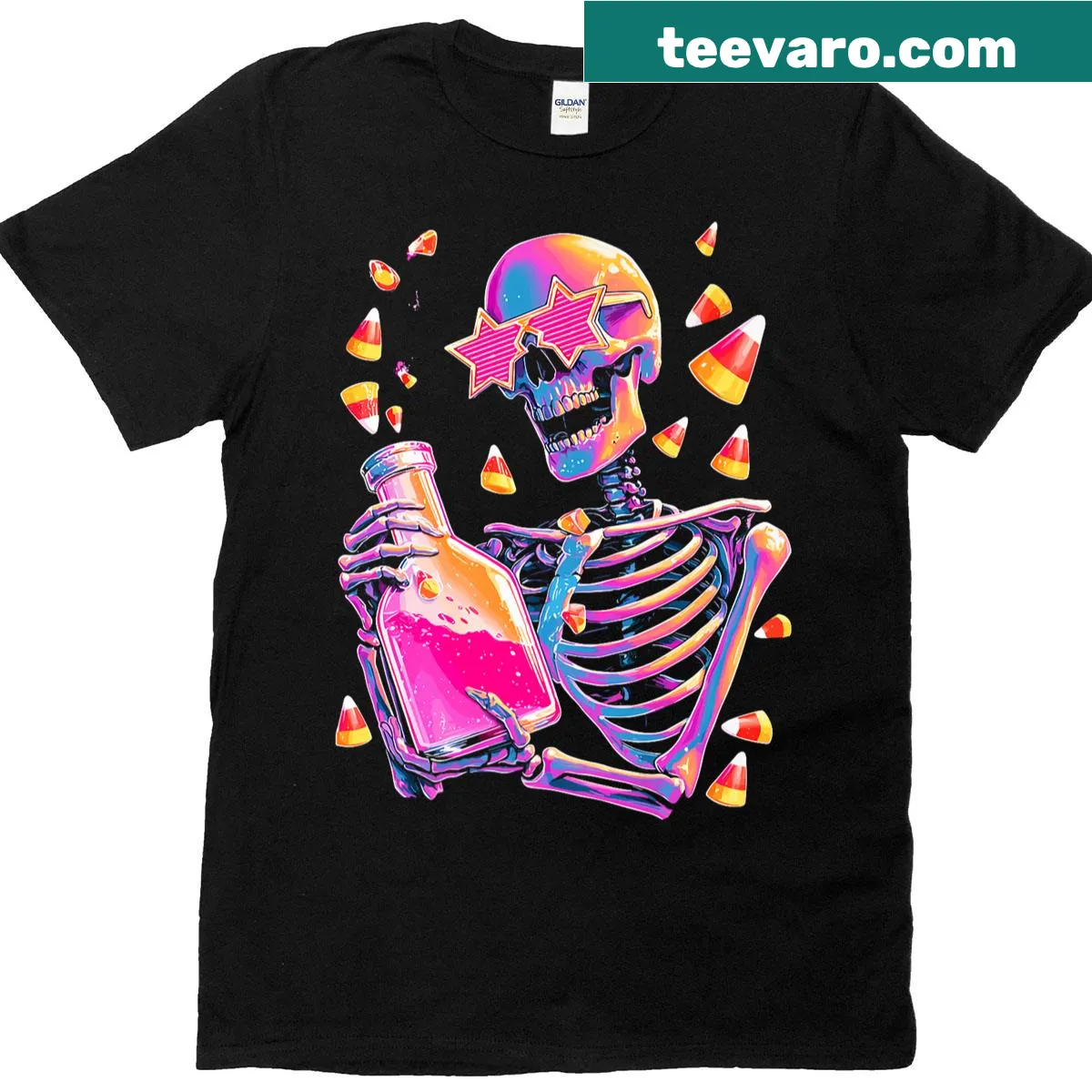 Skeleton graphic on a chemistry-themed teacher t-shirt — on a men's t-shirt