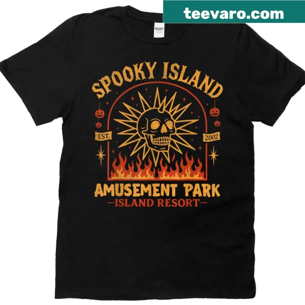 Vintage-style t-shirt with a skull design celebrating a spooky amusement park