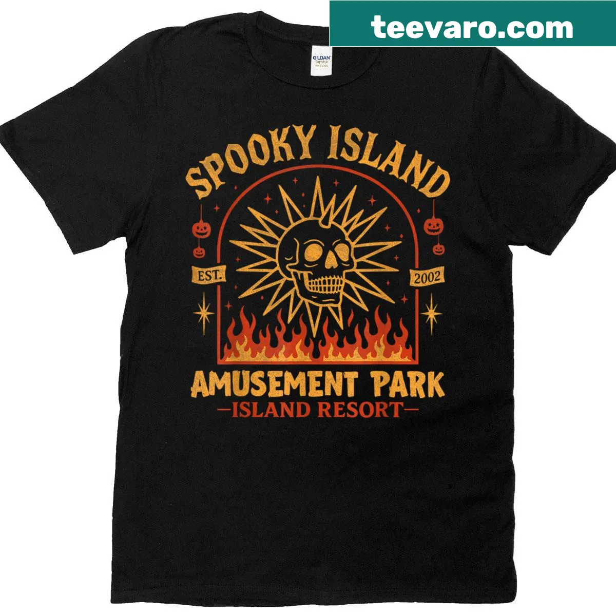 Vintage-style t-shirt with a skull design celebrating a spooky amusement park — on a men's t-shirt