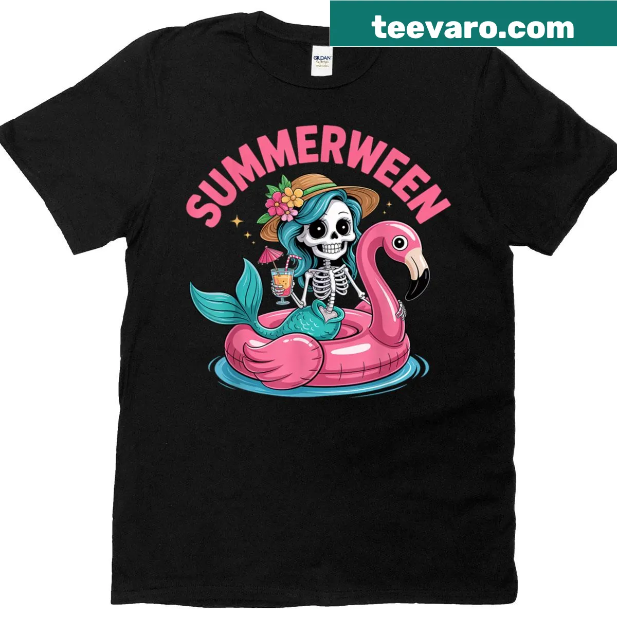 Cartoon mermaid skeleton on a flamingo float for Halloween t-shirt — on a men's t-shirt