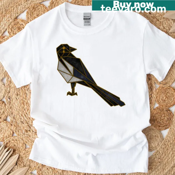 Intricate stained glass design of a magpie on a T-shirt