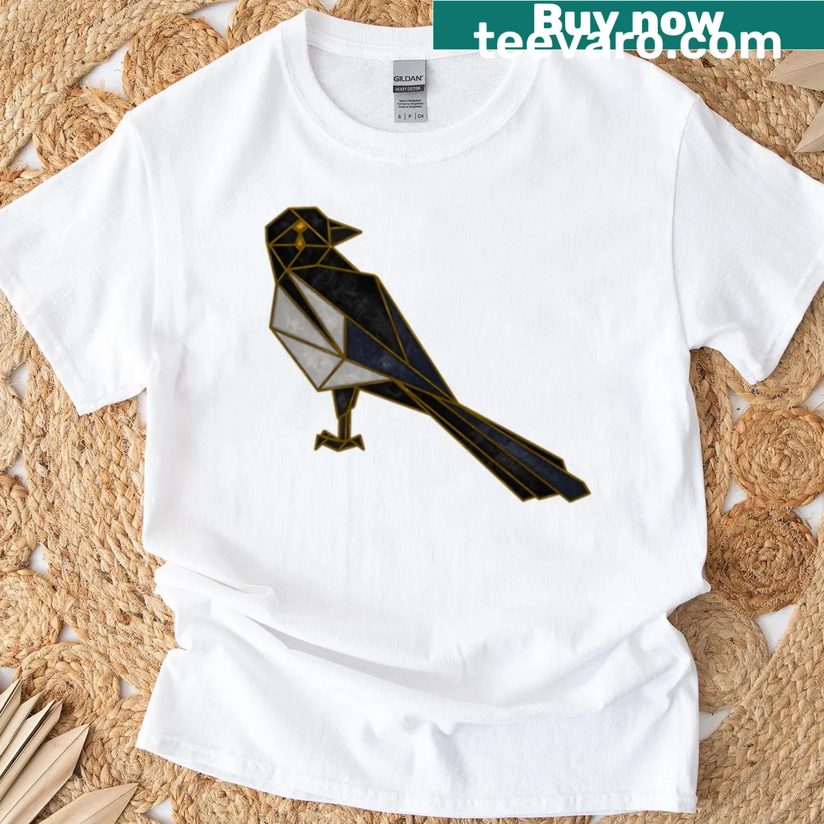 Intricate stained glass design of a magpie on a T-shirt — on a men's t-shirt