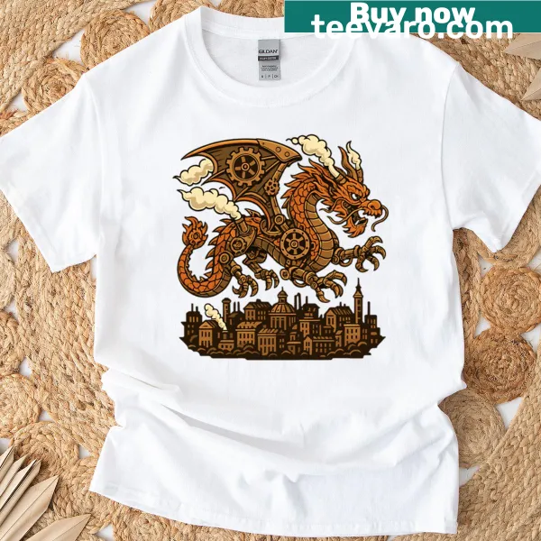 Steampunk dragon flying over an industrial cityscape graphic