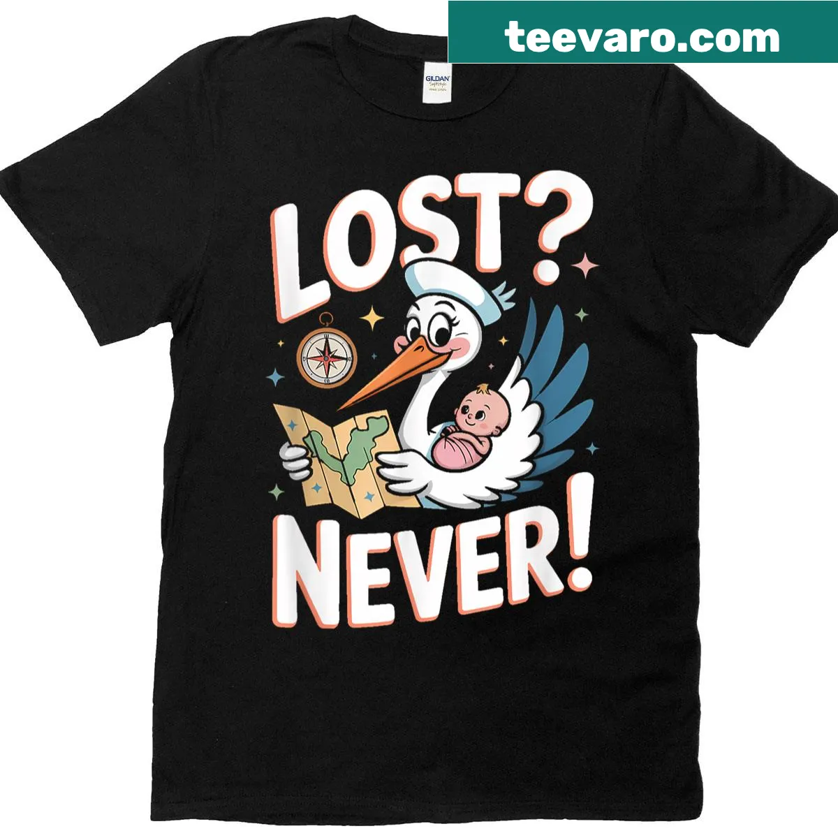 Funny nurse T-shirt with retro compass and stork graphic — on a men's t-shirt