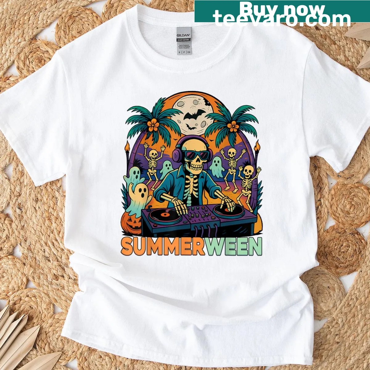 DJ skeleton at a beach party for Halloween on T-shirt — on a men's t-shirt
