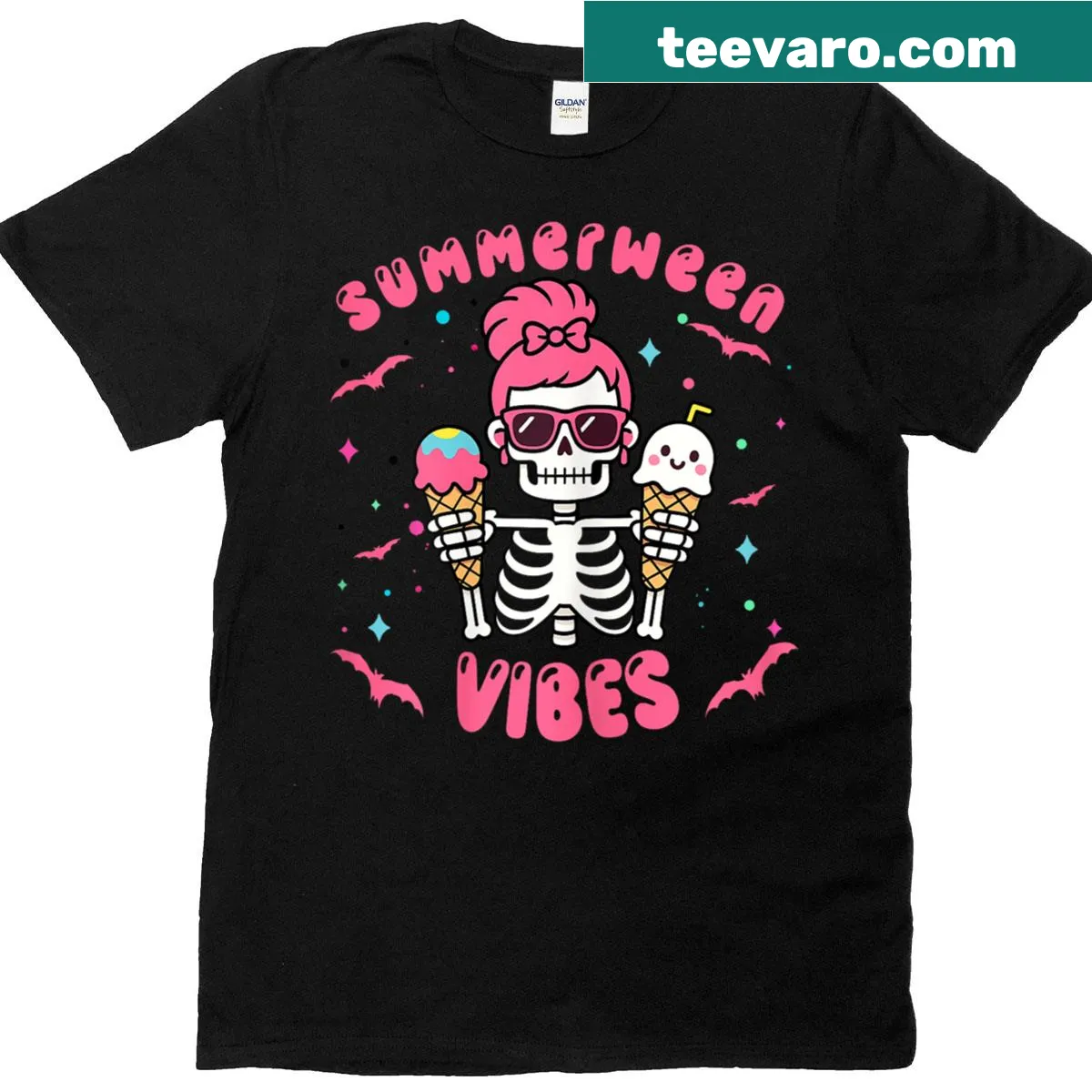 Playful Halloween T-shirt with summer vibes and skeleton design — on a men's t-shirt