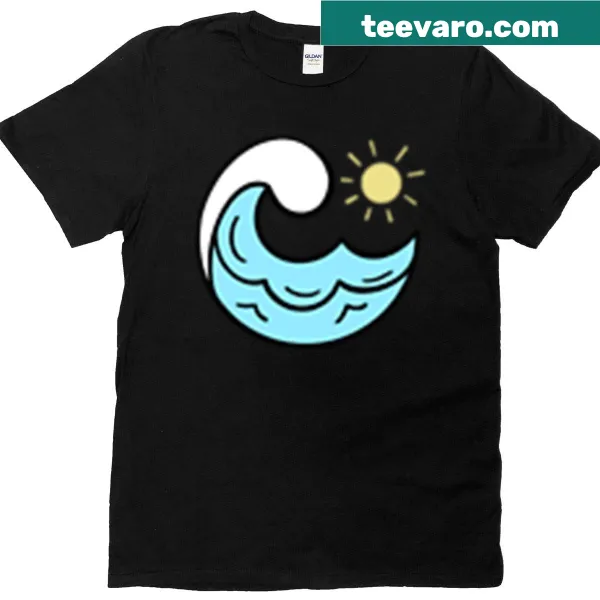 T-shirt featuring stylized sun and waves design